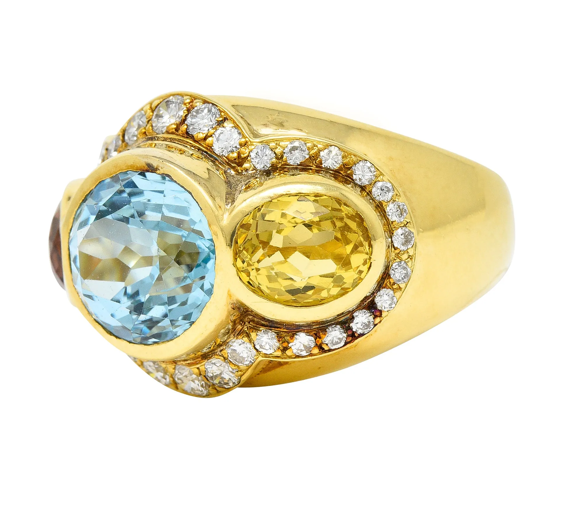 1980s 11.27 CTW Topaz Tourmaline Heliodor Diamond 18 Karat Yellow Gold Vintage Three Stone Cocktail Ring