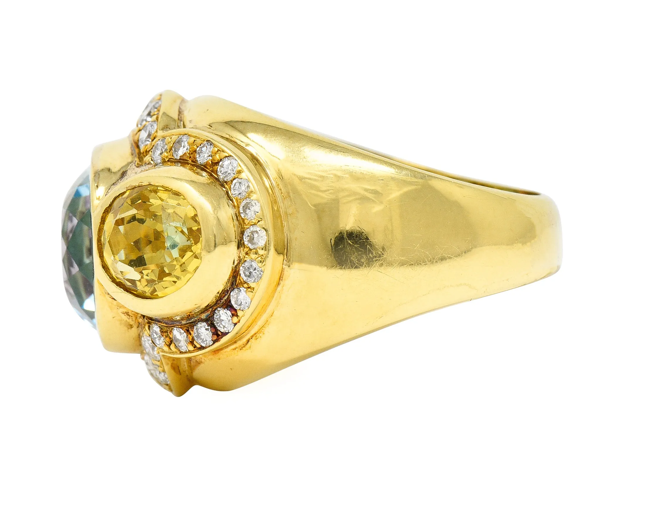 1980s 11.27 CTW Topaz Tourmaline Heliodor Diamond 18 Karat Yellow Gold Vintage Three Stone Cocktail Ring