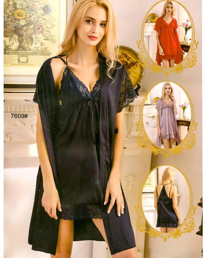 3 Pcs Sexy Slik Short Nighty With Gown - 7609