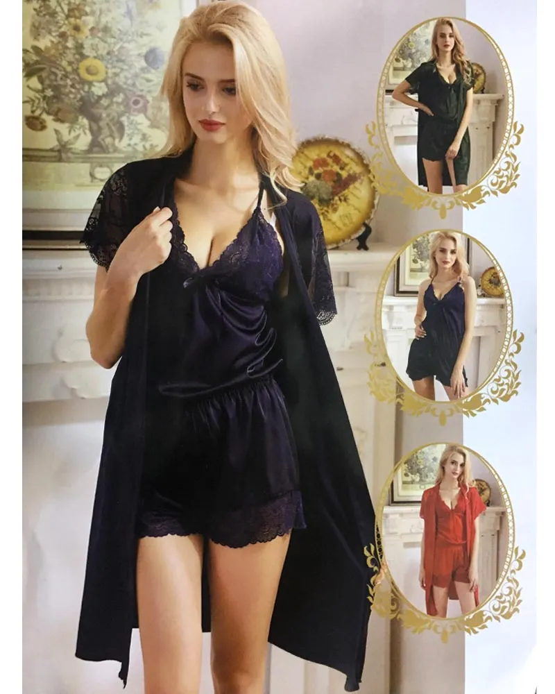 3 Pcs Sexy Slik Short Nighty With Gown - FL-749