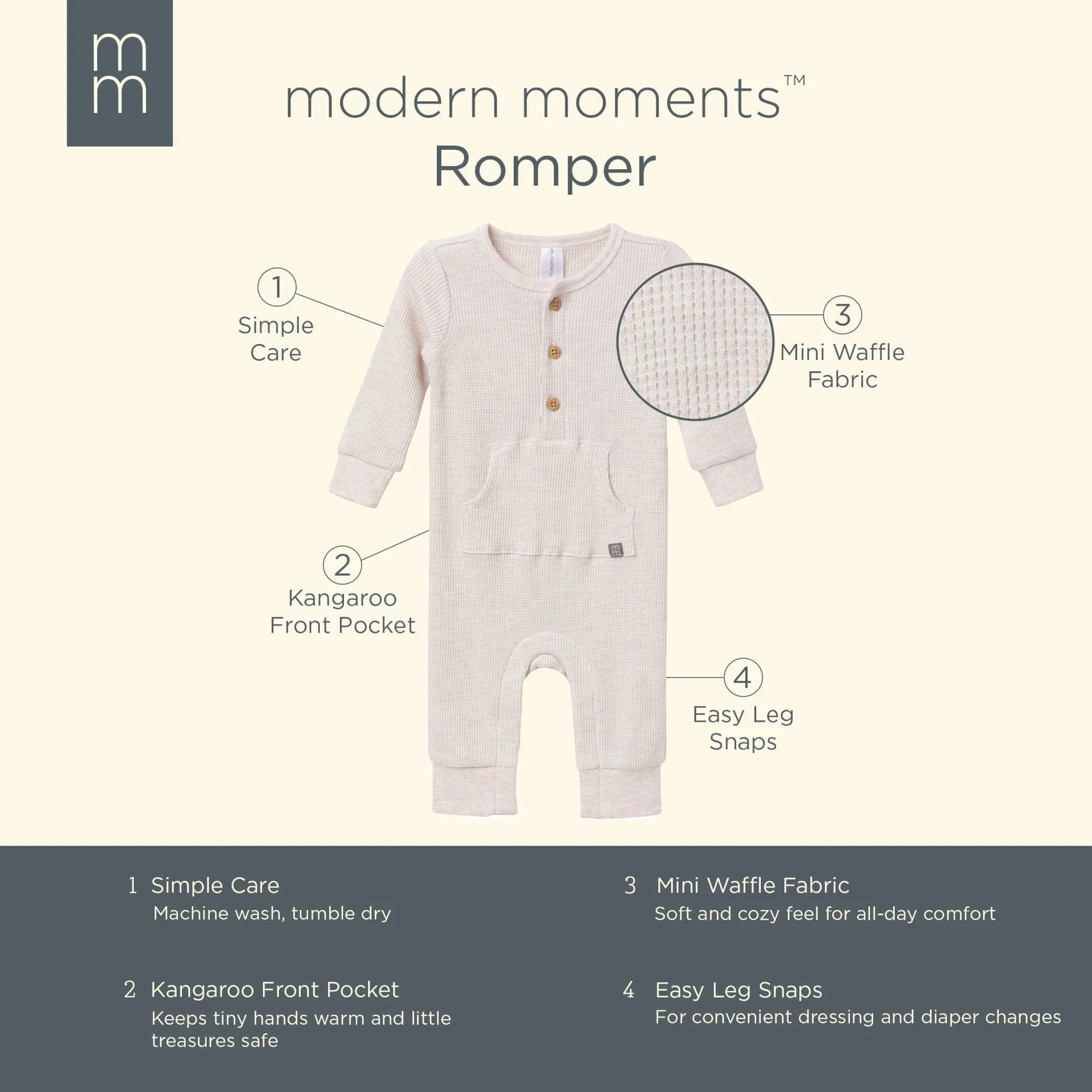 Baby Neutral Oatmeal Heather Kangaroo Pocket Waffle Romper