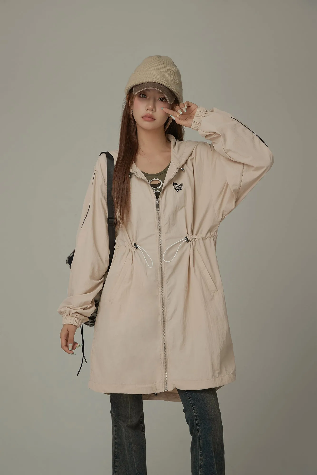 Basic Cinched String Hooded Jacket