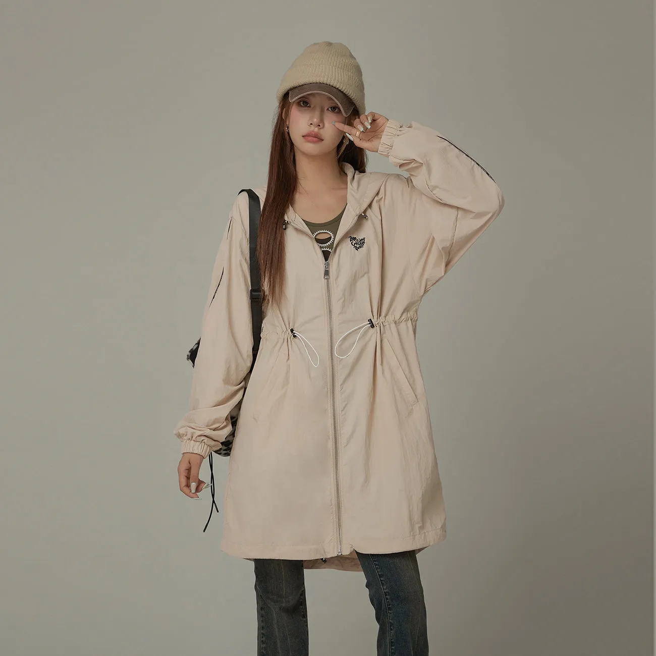 Basic Cinched String Hooded Jacket