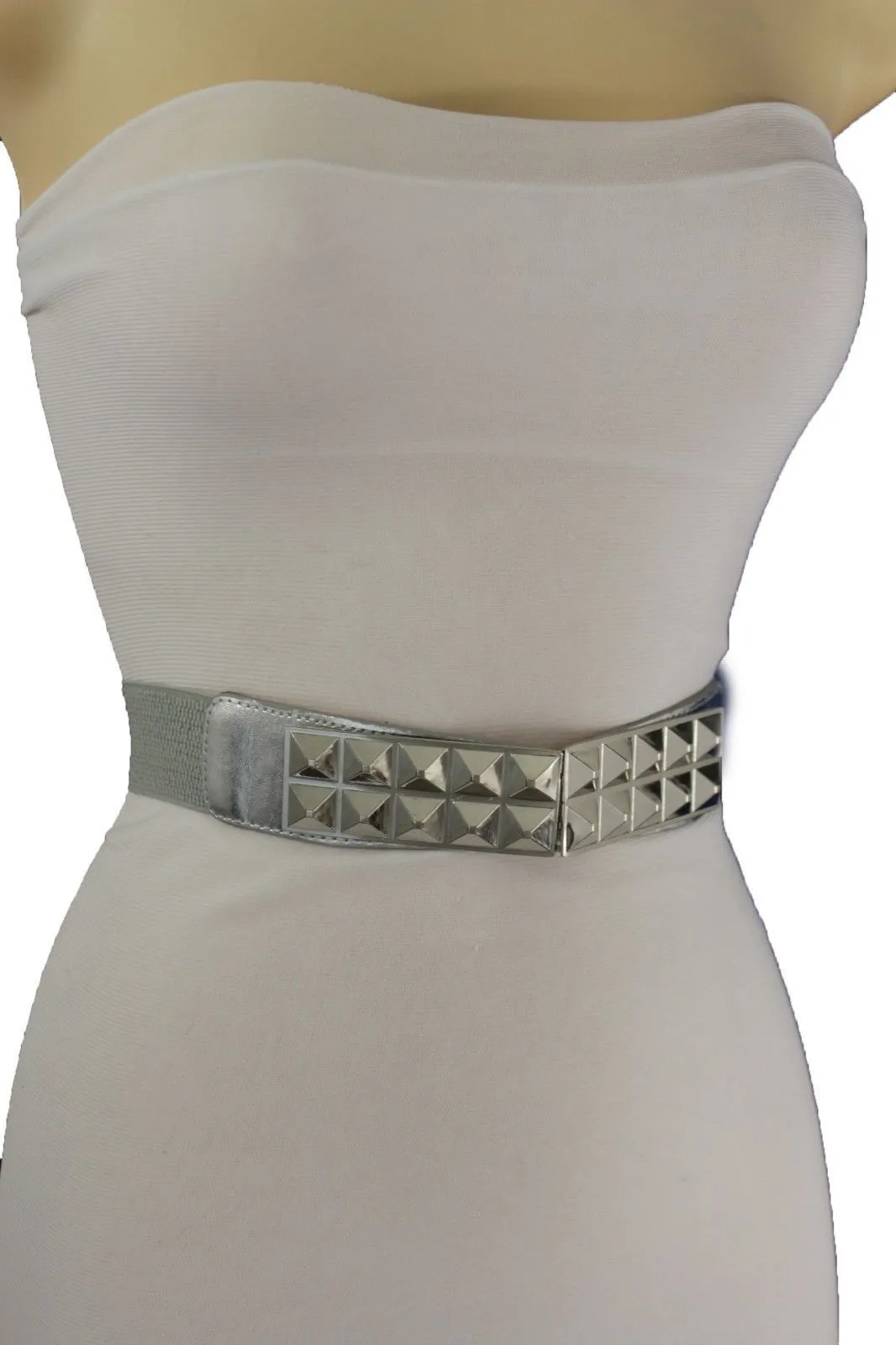 Belt Studs Buckle Elastic Waistband Silver Metal Buckle Size S M