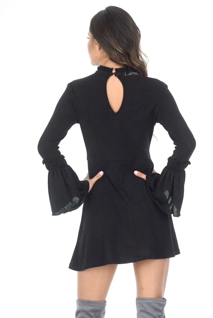 Black Bell Sleeve Frill Dress