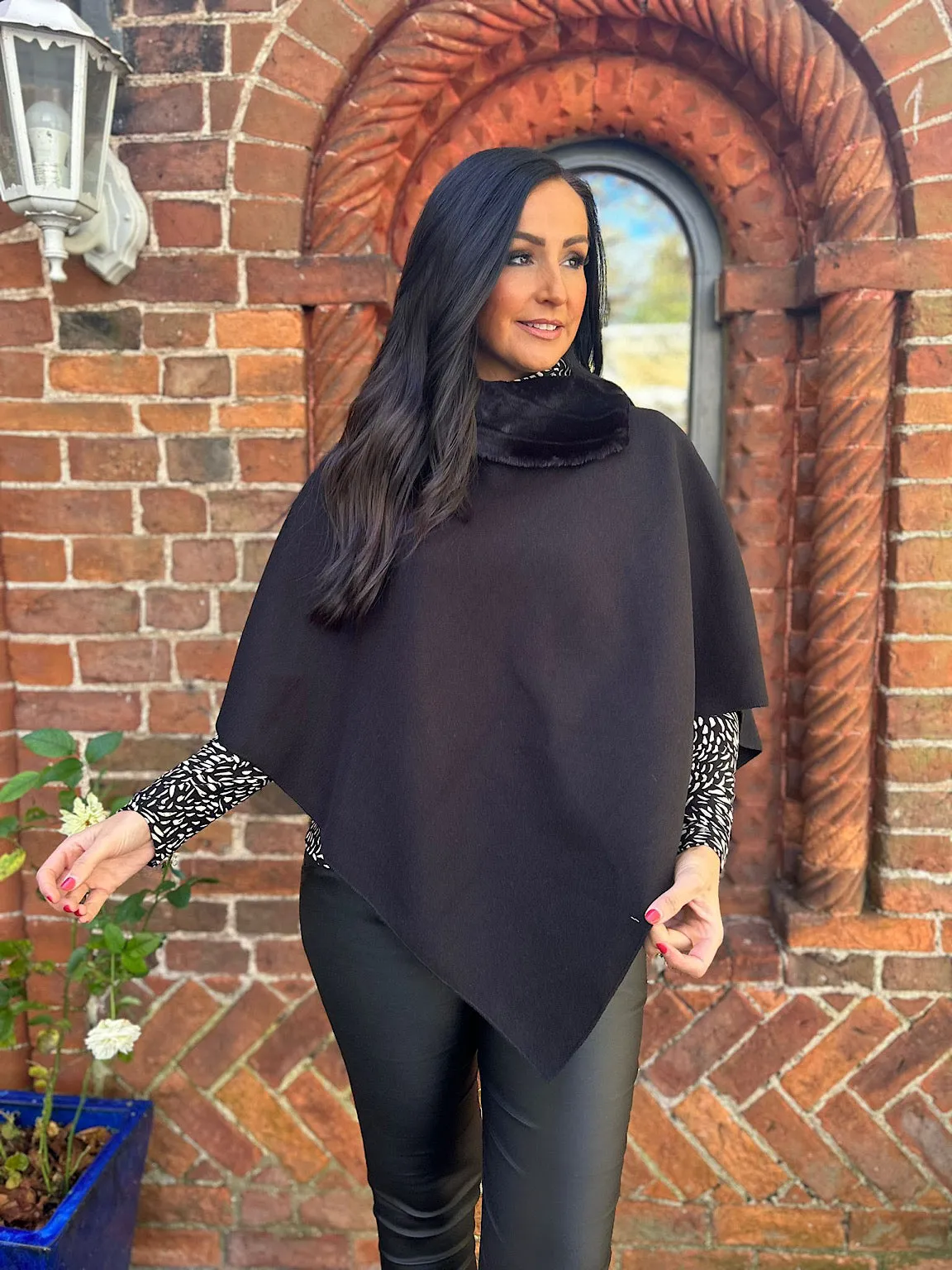 Black Faux Fur Trim Poncho Devon