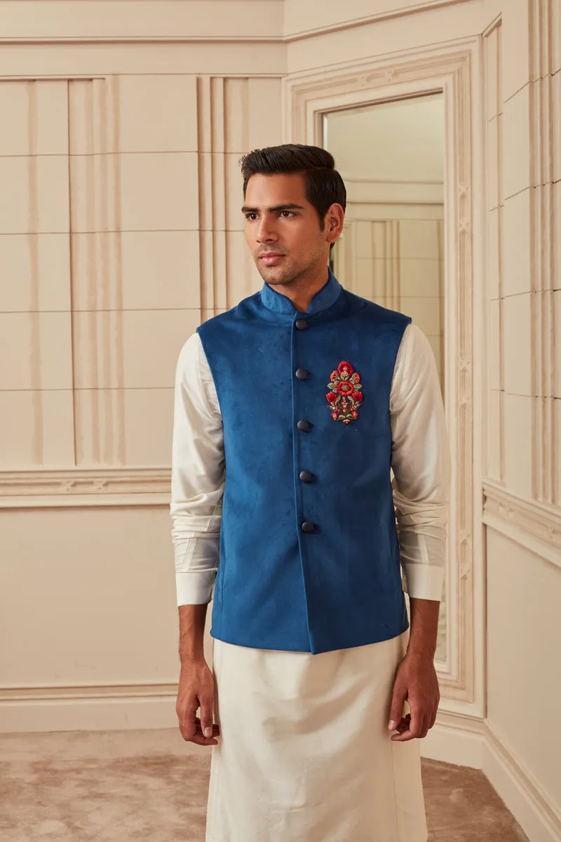 Blue Velvet Kurta Bundi Set