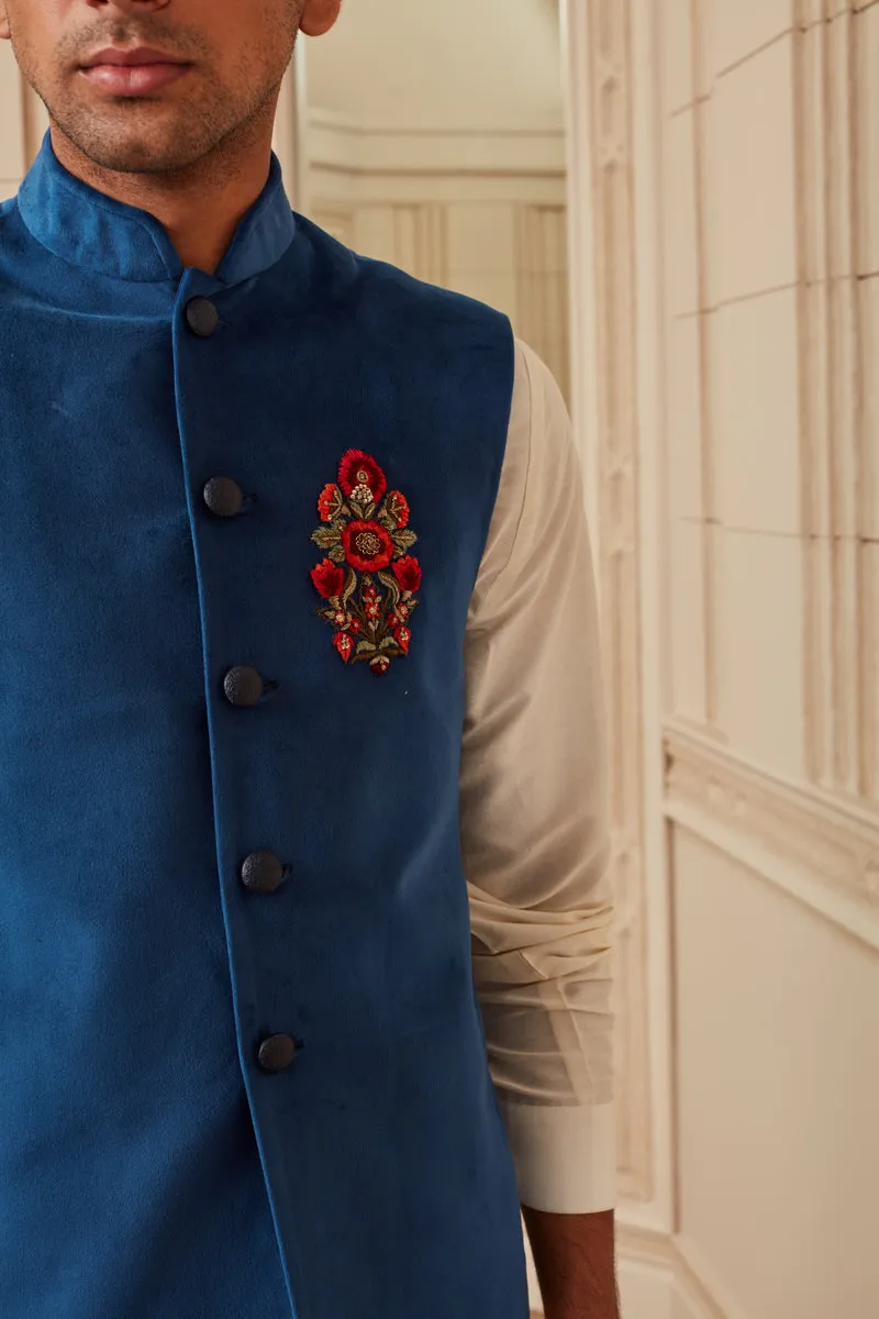 Blue Velvet Kurta Bundi Set