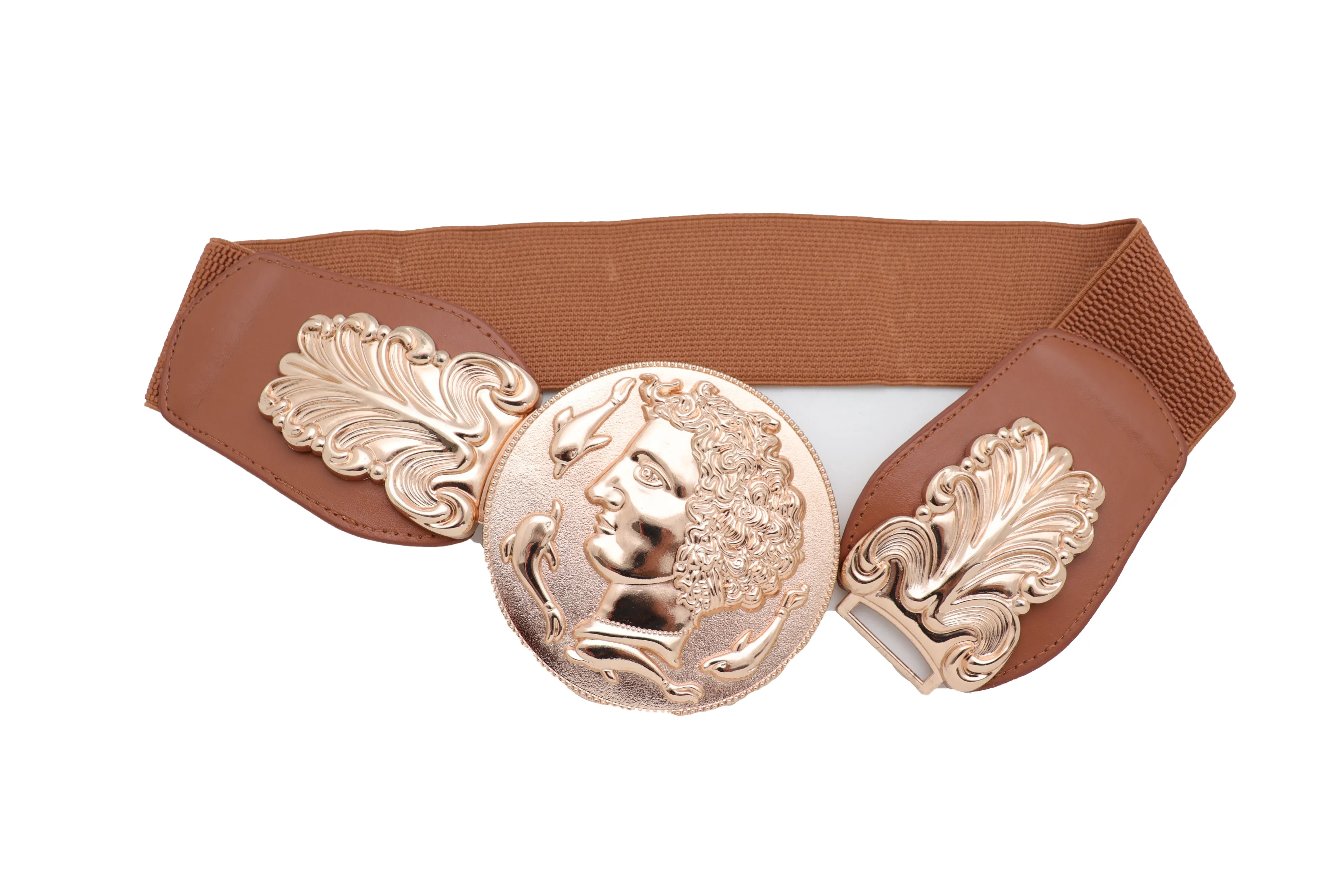 Brown Wide Elastic Fashion Belt Hip Waist Gold Metal Greek Coin Buckle S M