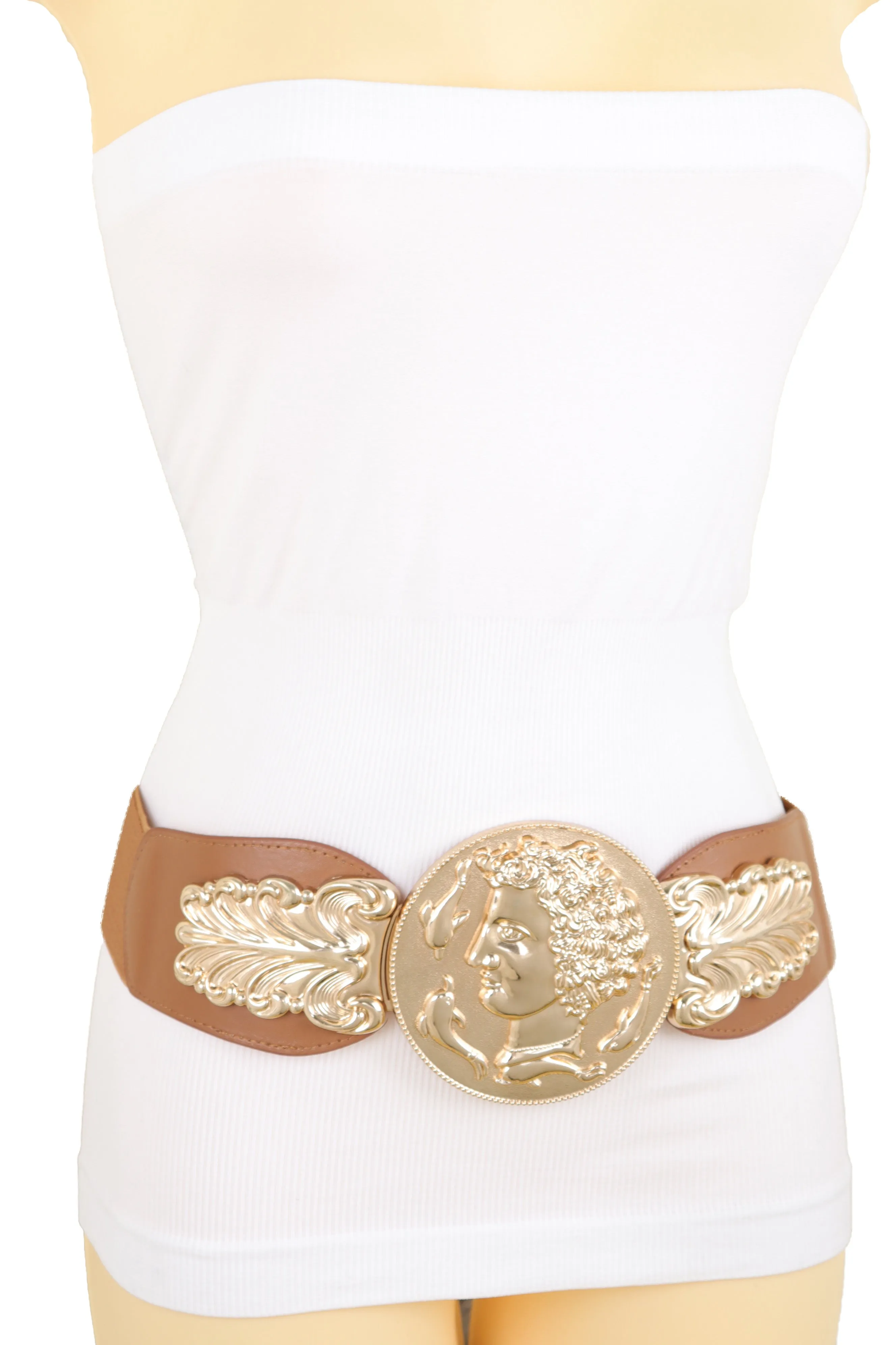 Brown Wide Elastic Fashion Belt Hip Waist Gold Metal Greek Coin Buckle S M