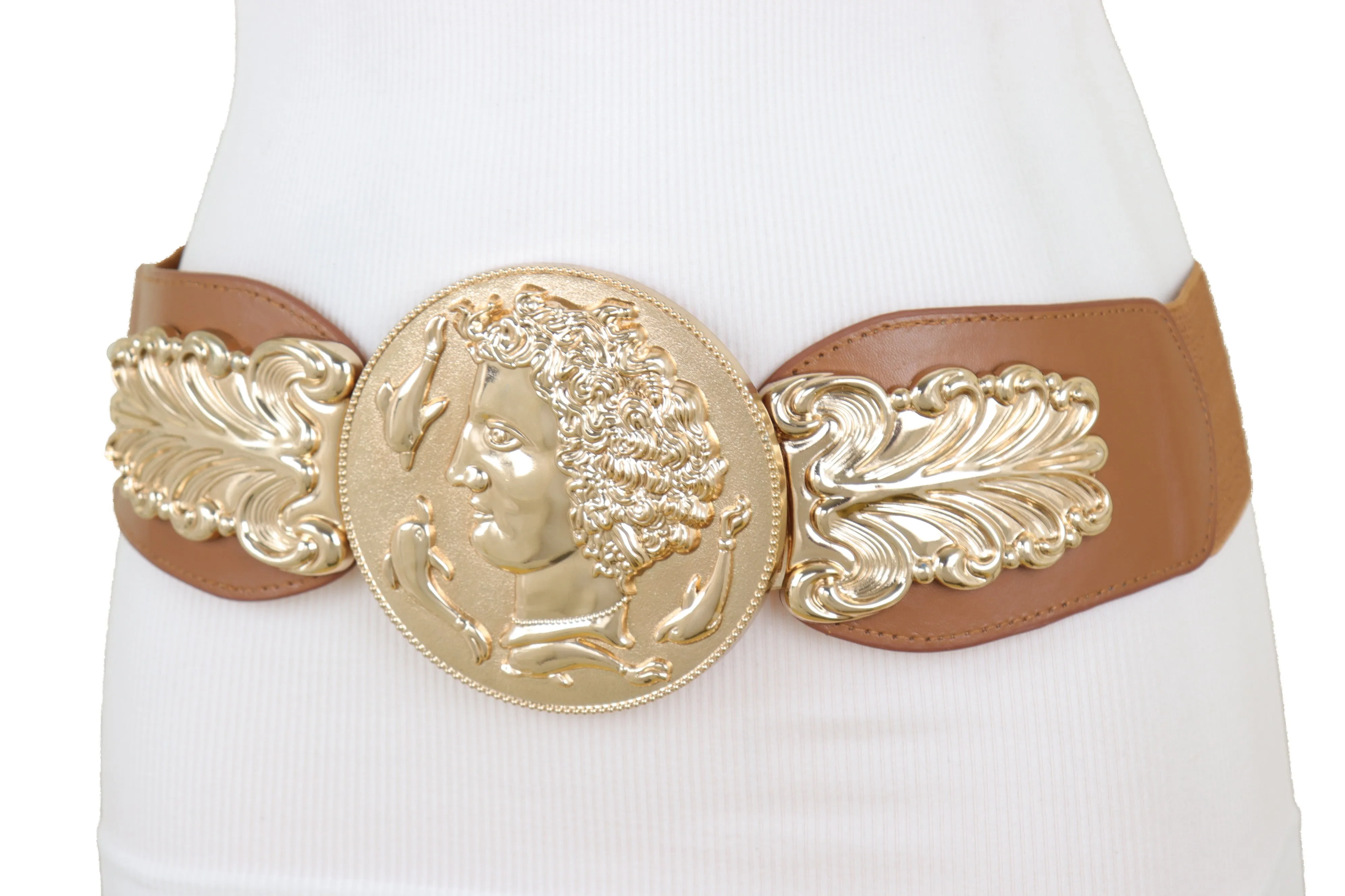 Brown Wide Elastic Fashion Belt Hip Waist Gold Metal Greek Coin Buckle S M