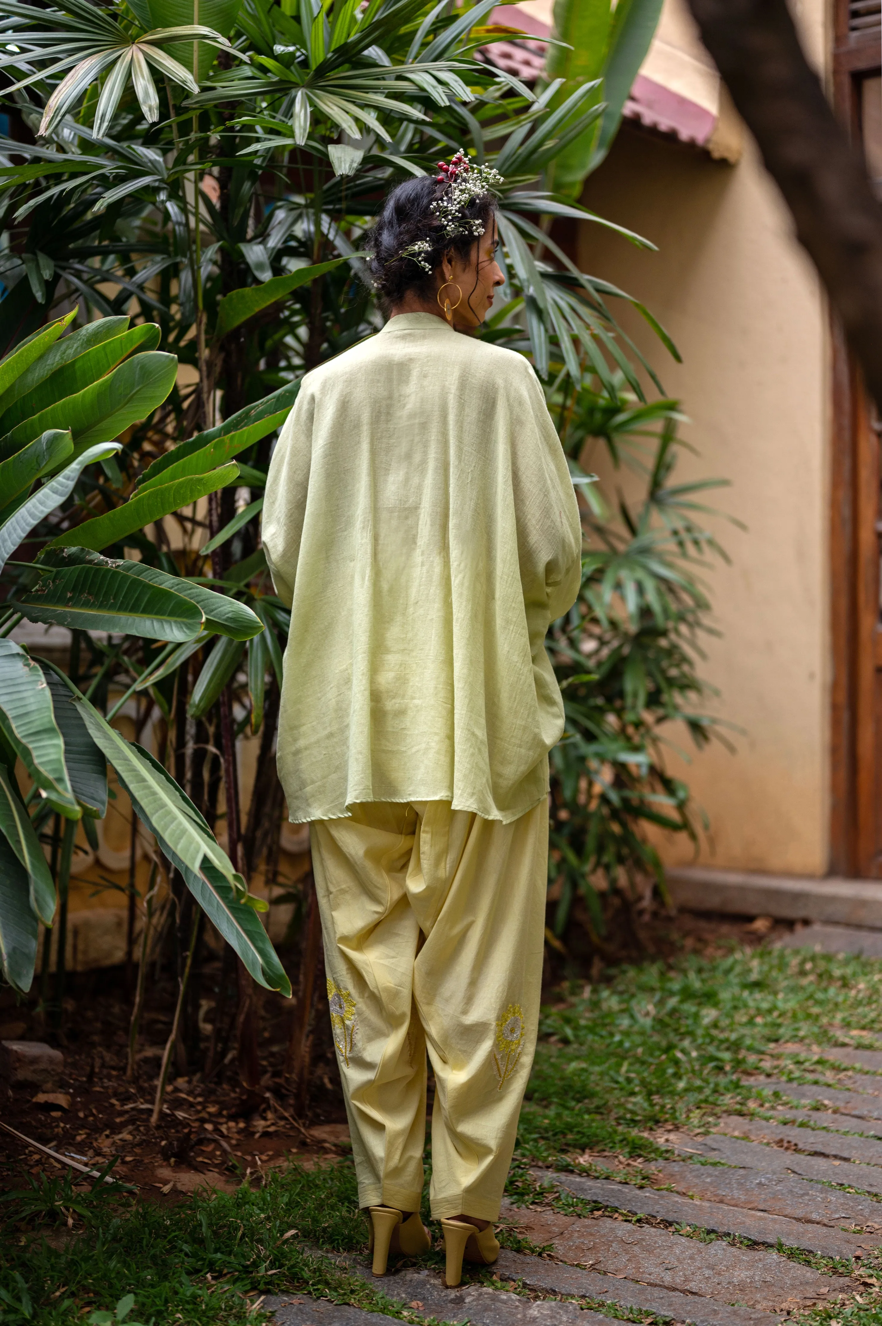 Cotton shirt with hand embroidered sequins and beads on yoke