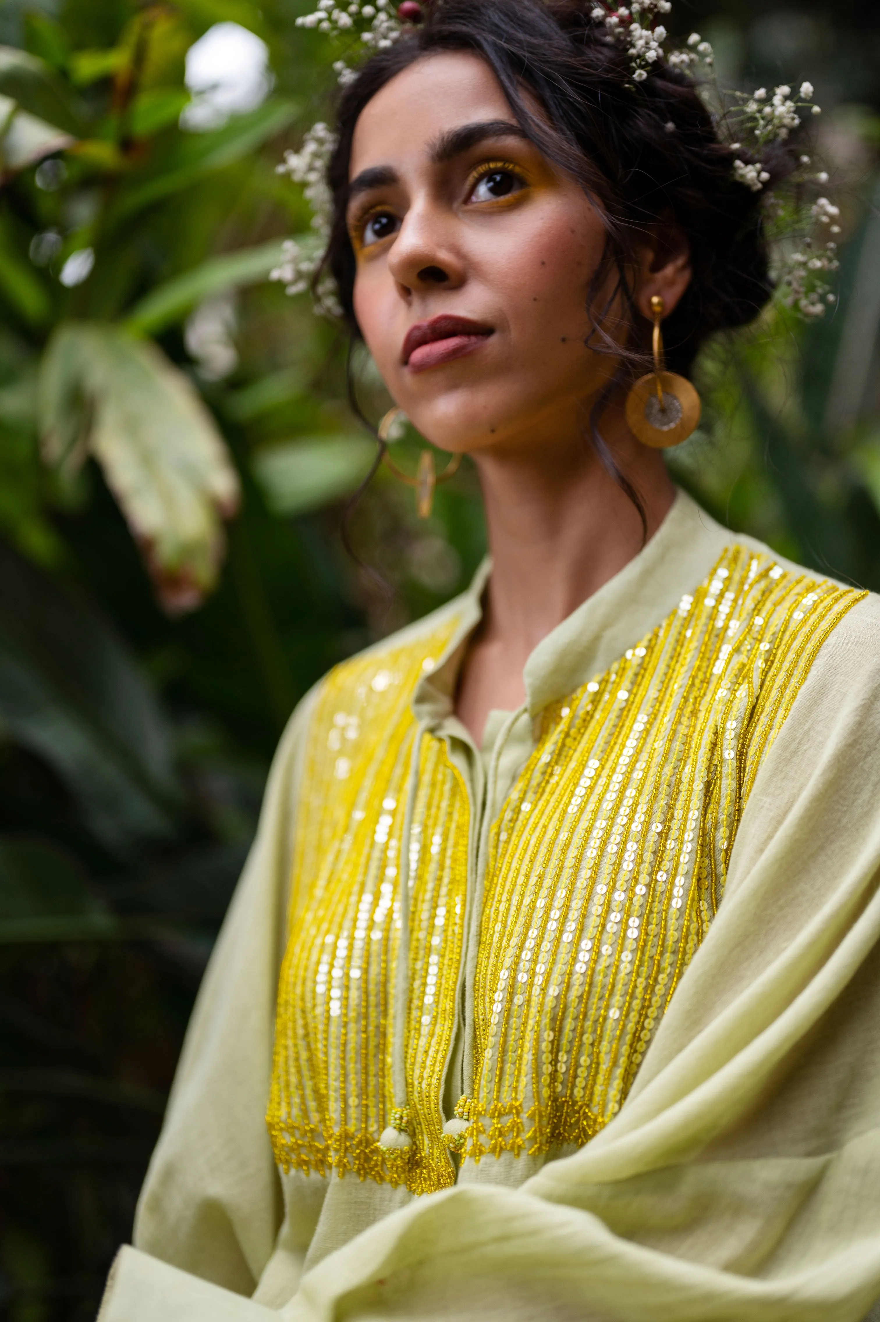 Cotton shirt with hand embroidered sequins and beads on yoke