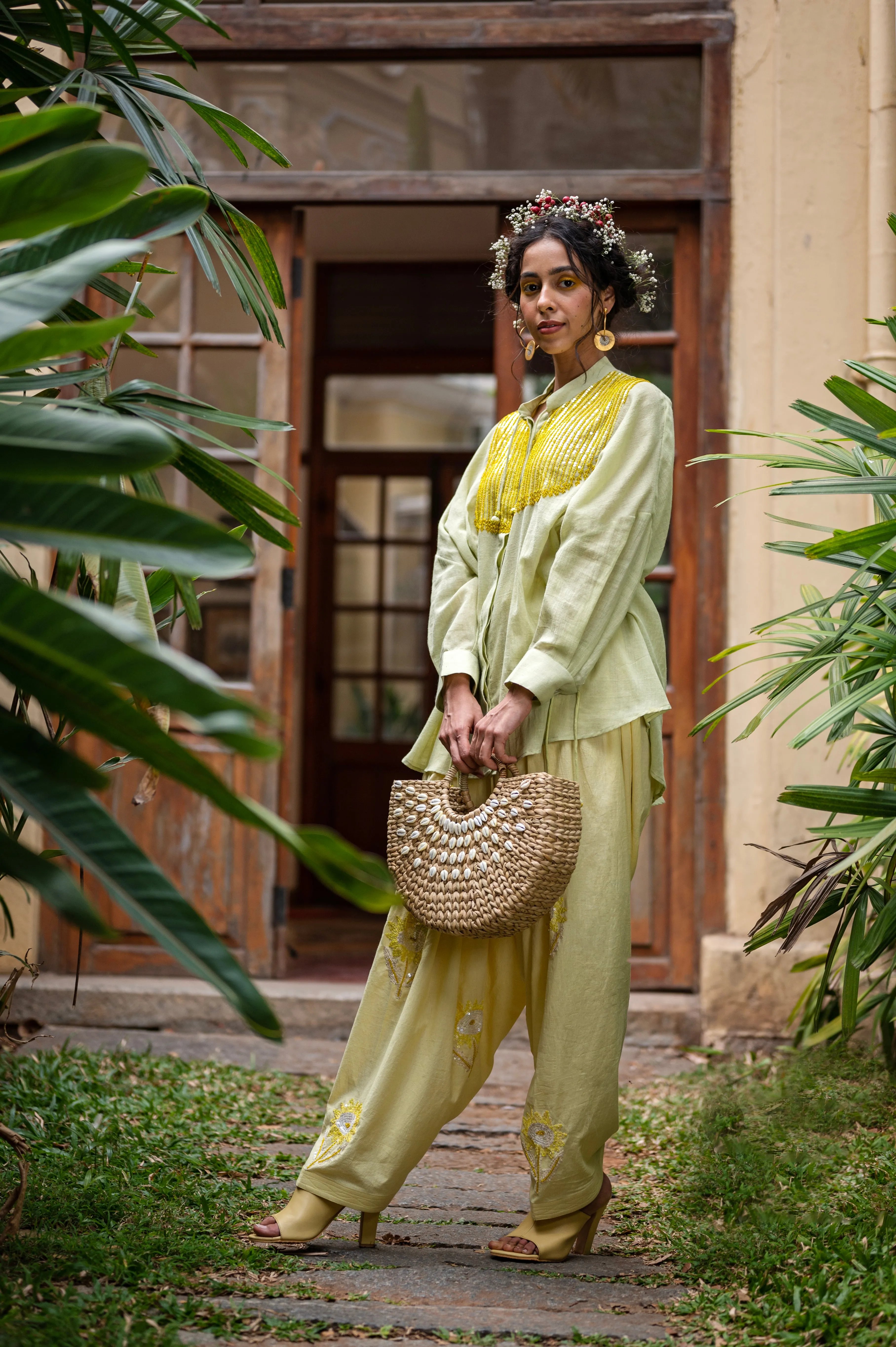 Cotton shirt with hand embroidered sequins and beads on yoke