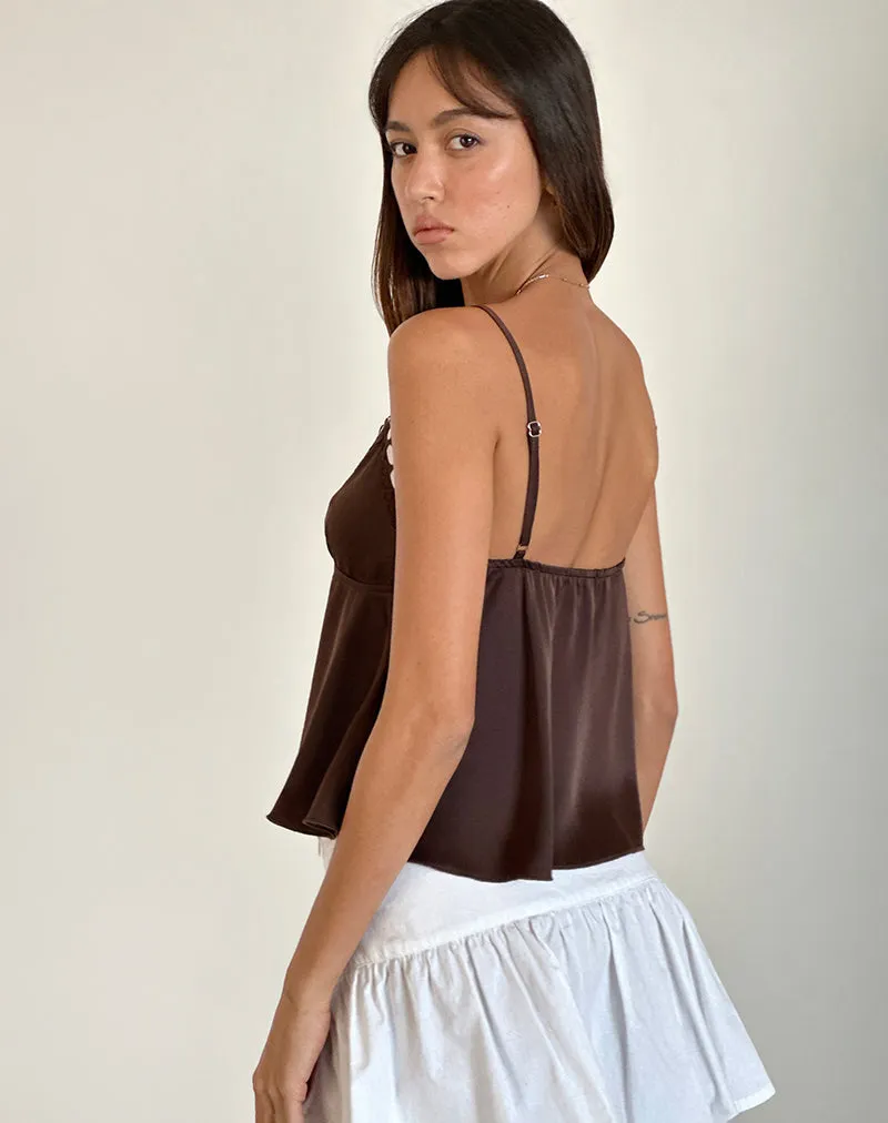 Dalinda Cami Top in Brown with Pink Rosette