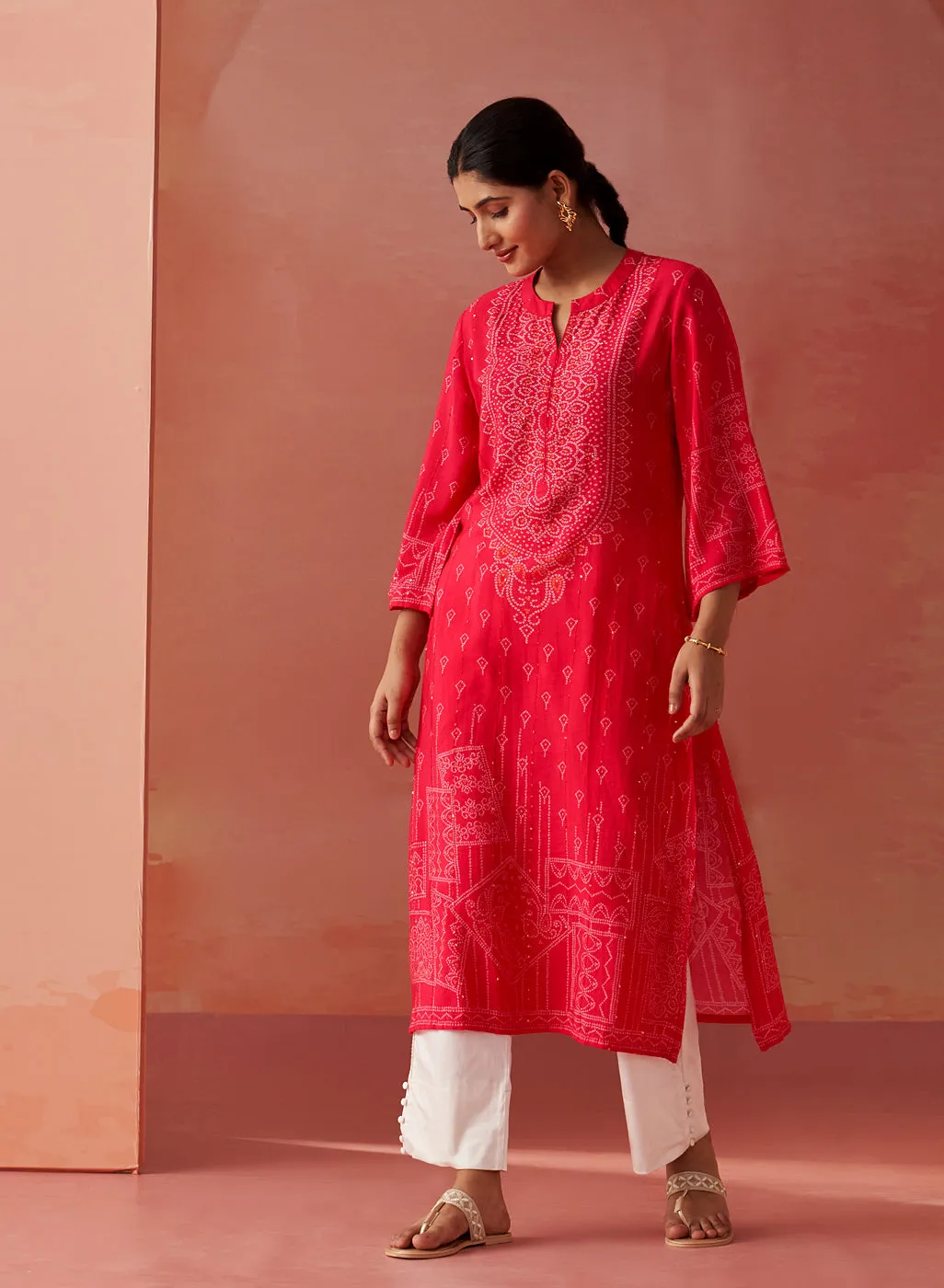 Dania Pink Long Printed Viscose Kurta for Women