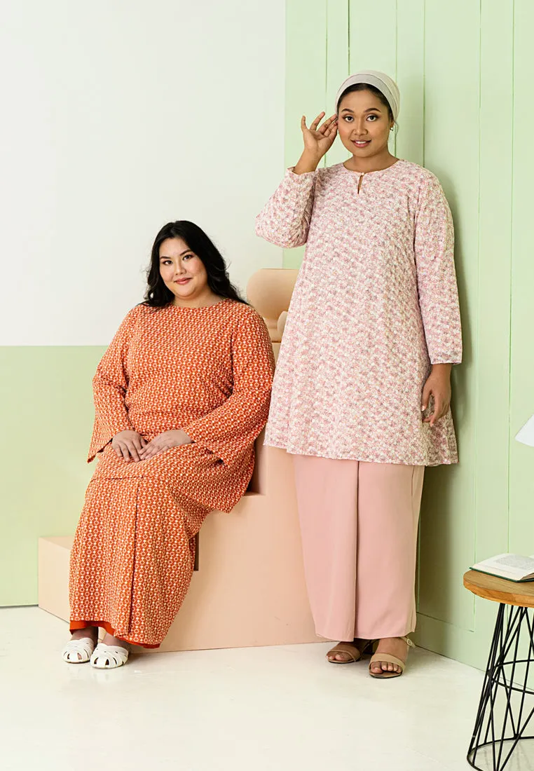 Elmira Cotton Embroidery Eyelet Kurung Pahang Set - Orange