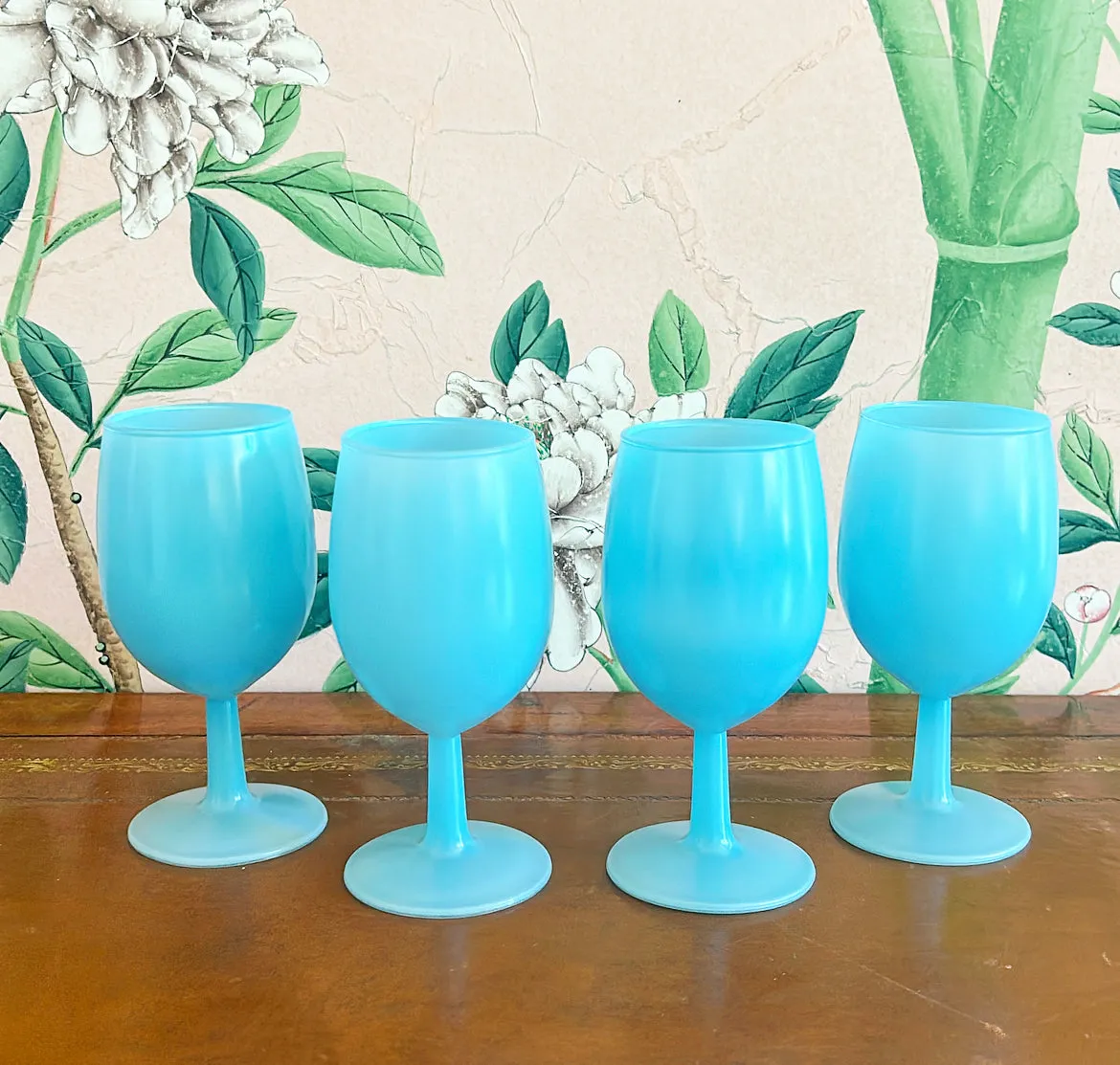 Fabulous set of four 1960s blue Opaline cocktail / wine glasses