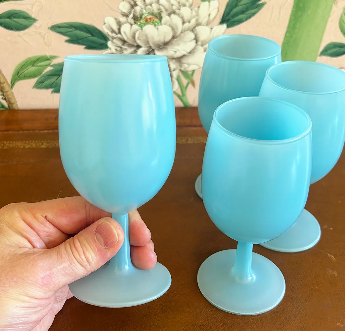 Fabulous set of four 1960s blue Opaline cocktail / wine glasses