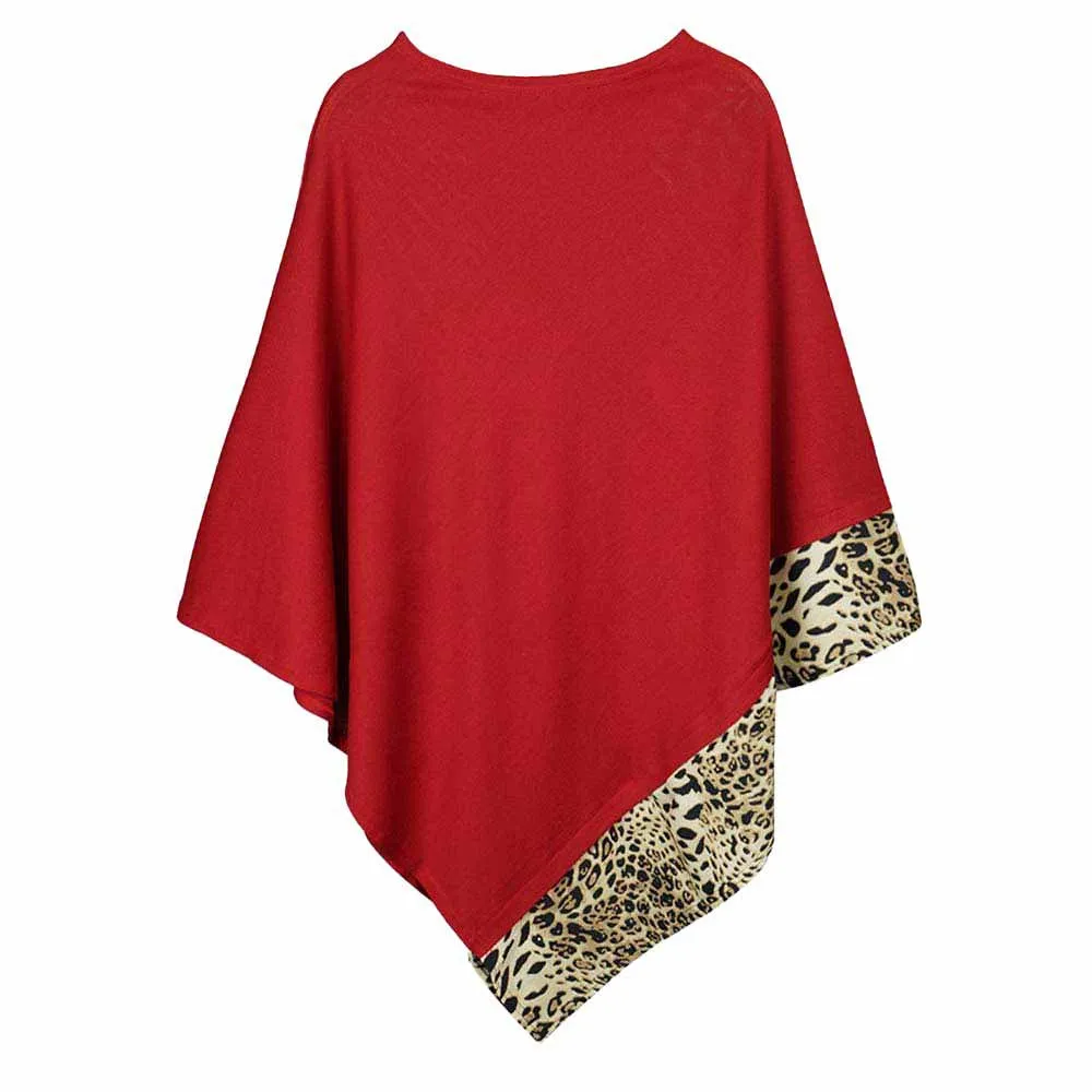 Faux Leopard Trim Solid Poncho Ruana Shawl Cape