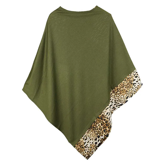 Faux Leopard Trim Solid Poncho Ruana Shawl Cape