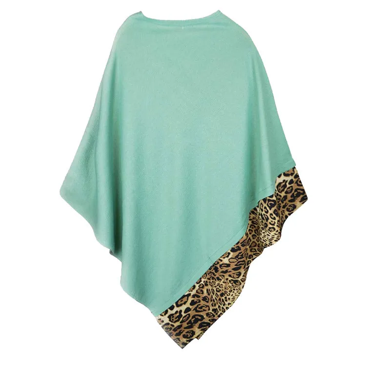 Faux Leopard Trim Solid Poncho Ruana Shawl Cape