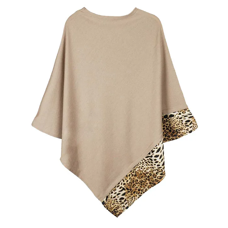 Faux Leopard Trim Solid Poncho Ruana Shawl Cape