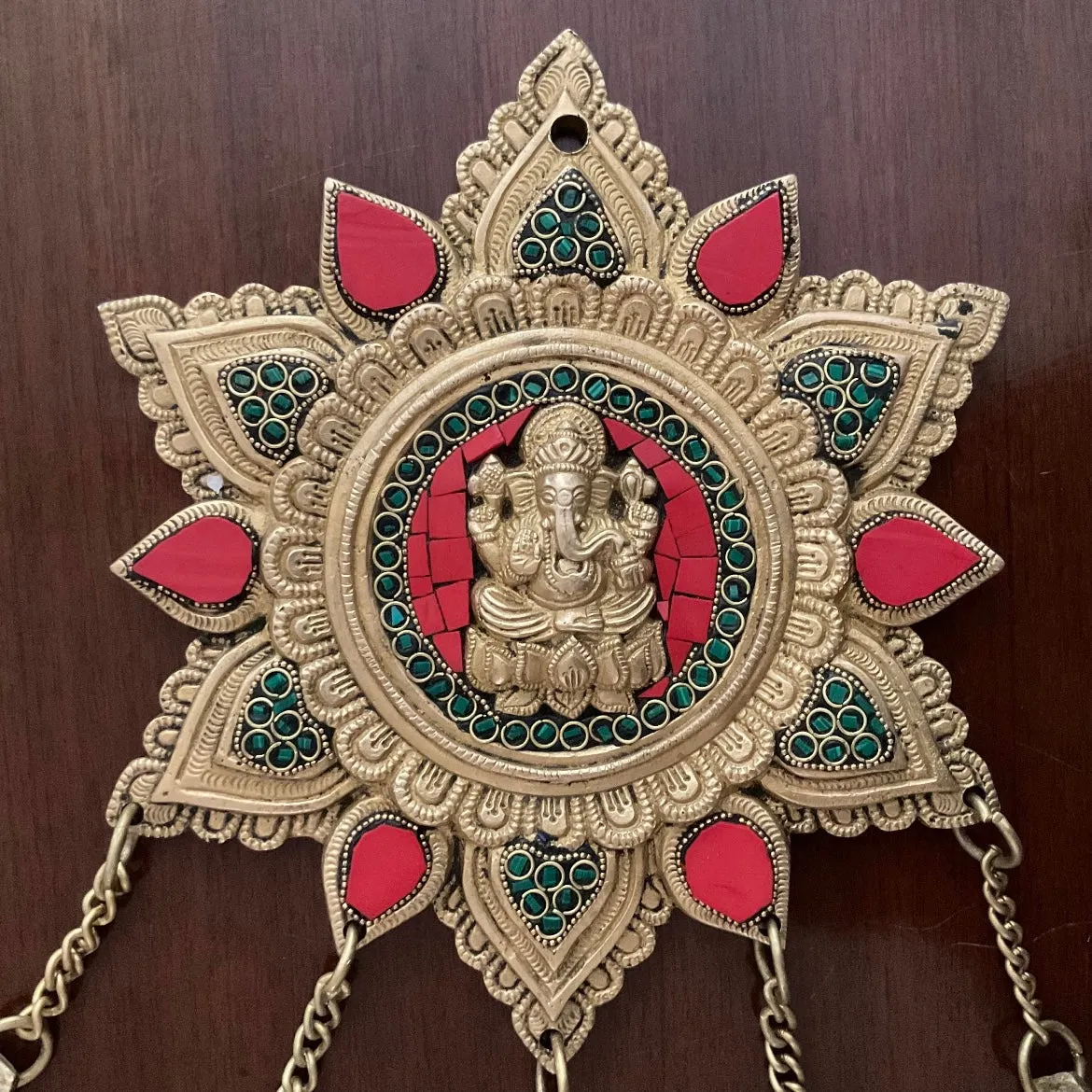 Ganesha Wall Hanging Bell - Brass Stonework Decor