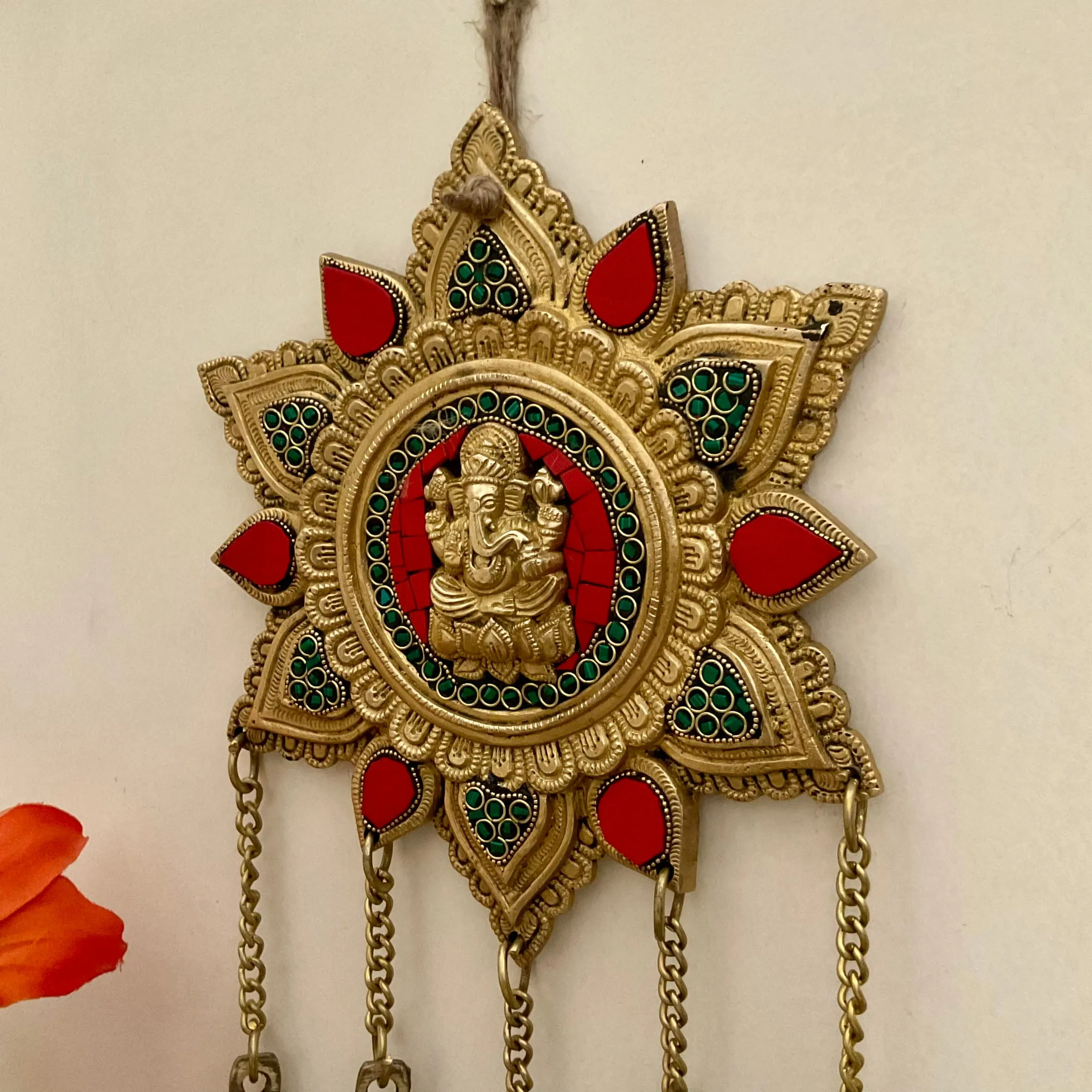 Ganesha Wall Hanging Bell - Brass Stonework Decor