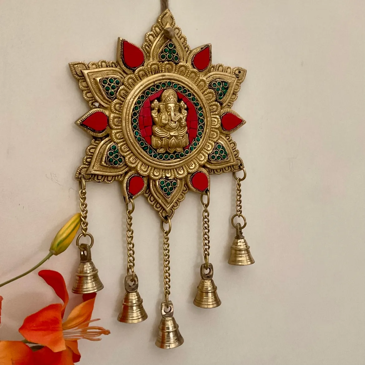 Ganesha Wall Hanging Bell - Brass Stonework Decor