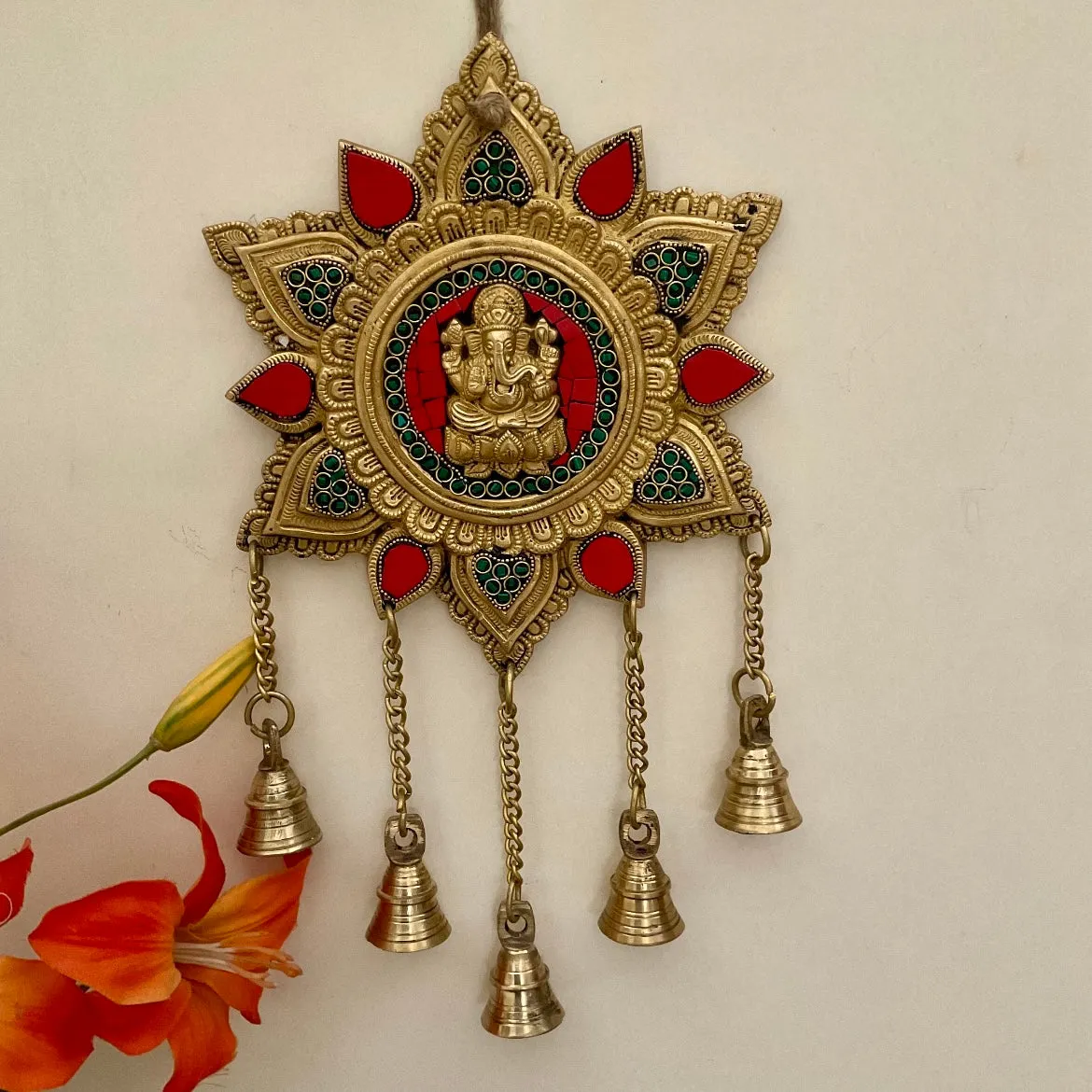 Ganesha Wall Hanging Bell - Brass Stonework Decor