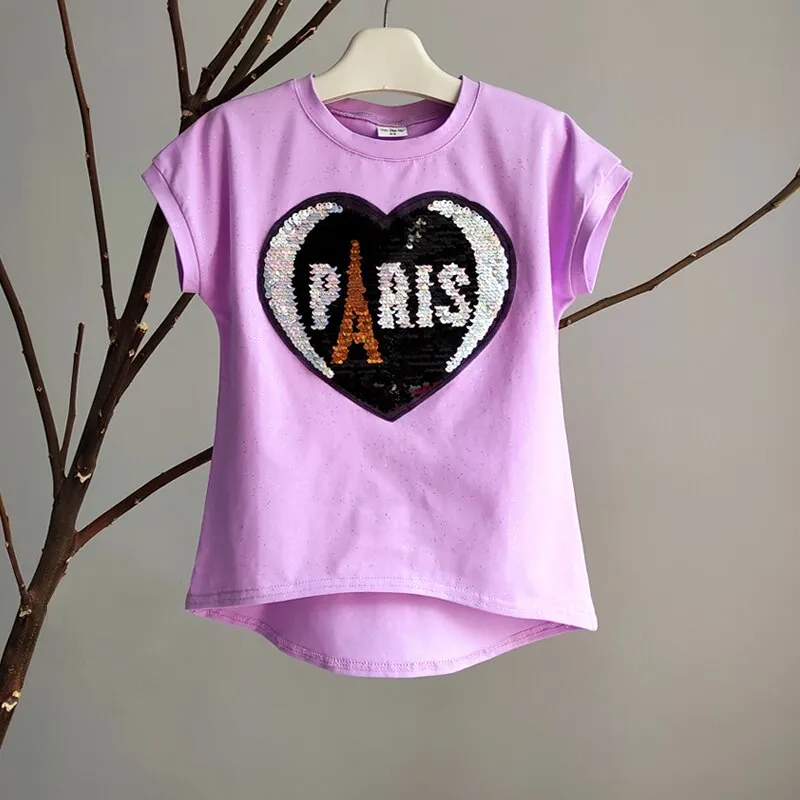 Girls Sequins Discoloration T-Shirt