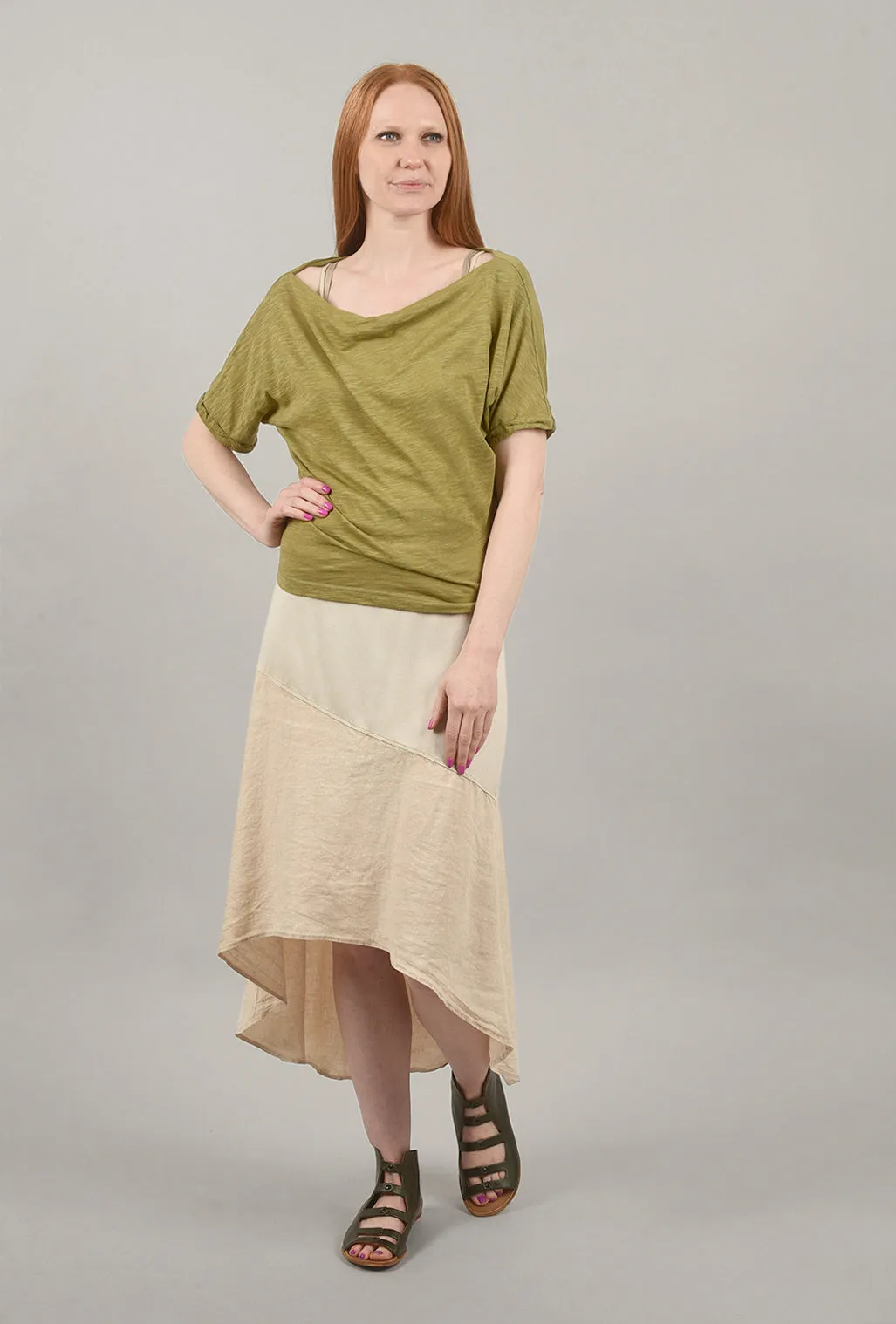 High-Low Linen Panel Contrast Skirt, Bone