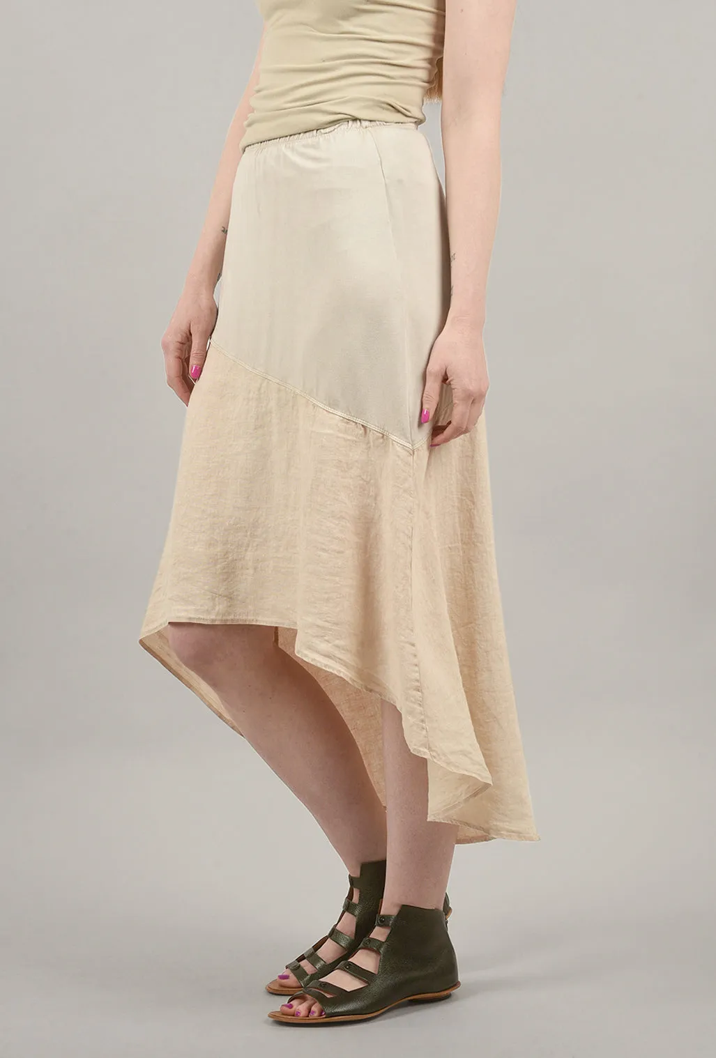 High-Low Linen Panel Contrast Skirt, Bone