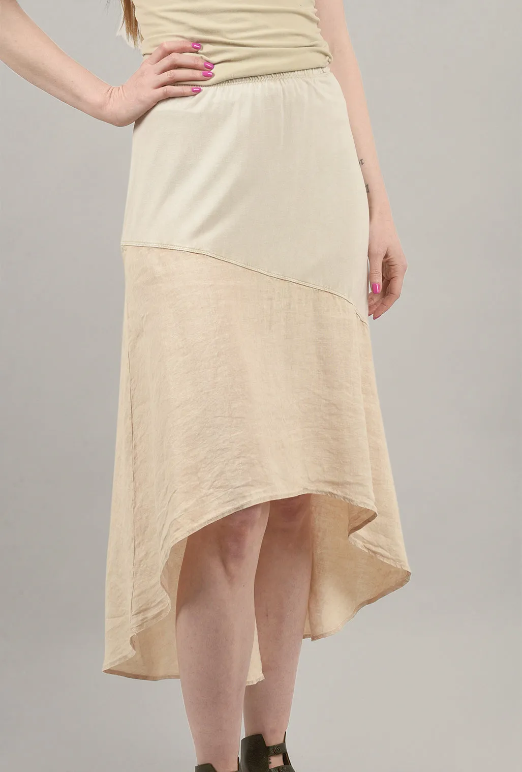 High-Low Linen Panel Contrast Skirt, Bone