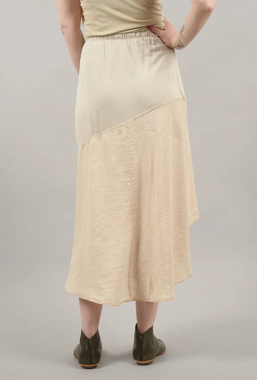 High-Low Linen Panel Contrast Skirt, Bone