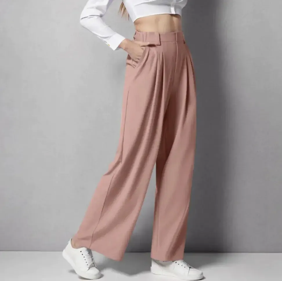 High Waist Straight Loose-fit Tappered Trousers Casual Simple