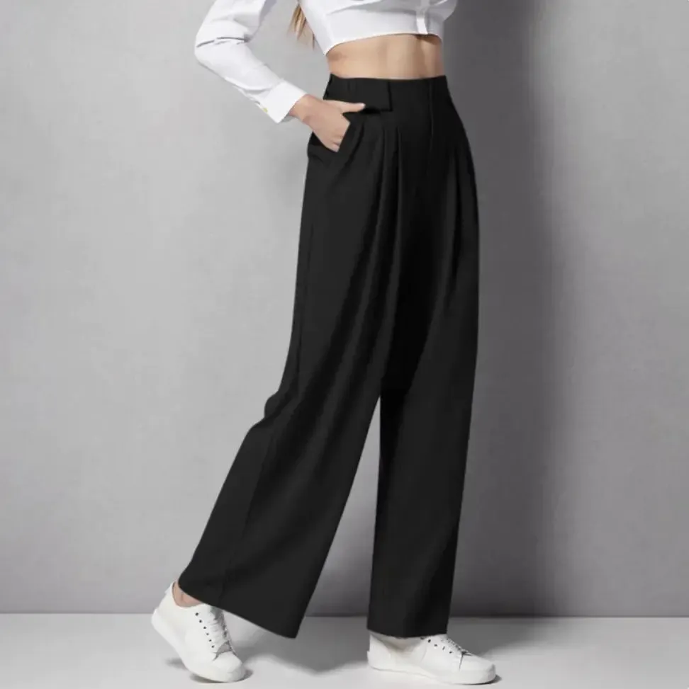 High Waist Straight Loose-fit Tappered Trousers Casual Simple