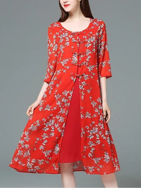 Janaye Mother of the Bride Red Cheongsam Oriental Floral Print Wedding Midi Dress