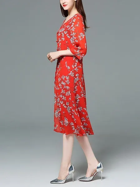 Janaye Mother of the Bride Red Cheongsam Oriental Floral Print Wedding Midi Dress