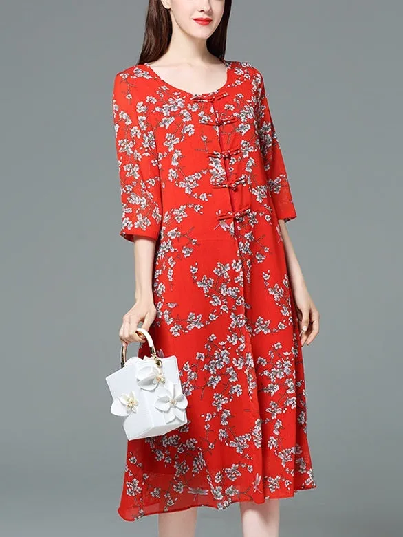 Janaye Mother of the Bride Red Cheongsam Oriental Floral Print Wedding Midi Dress