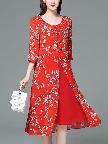 Janaye Mother of the Bride Red Cheongsam Oriental Floral Print Wedding Midi Dress