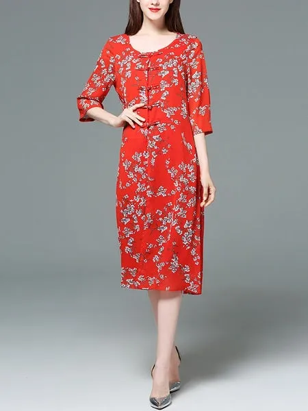 Janaye Mother of the Bride Red Cheongsam Oriental Floral Print Wedding Midi Dress