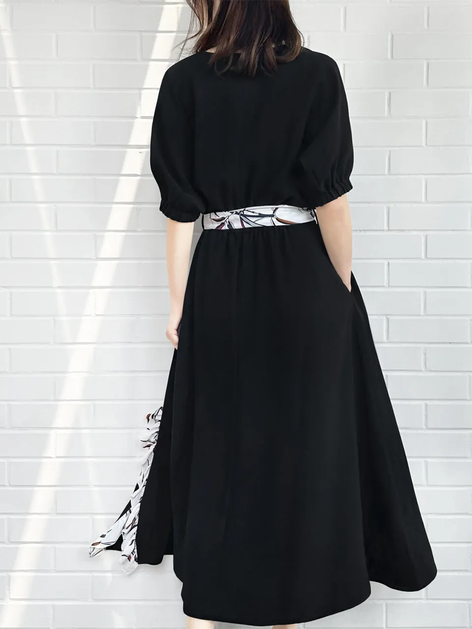 Last Chance! Black Ruffle Side Slit V-Neck Dress w/Removable Silky Scarf