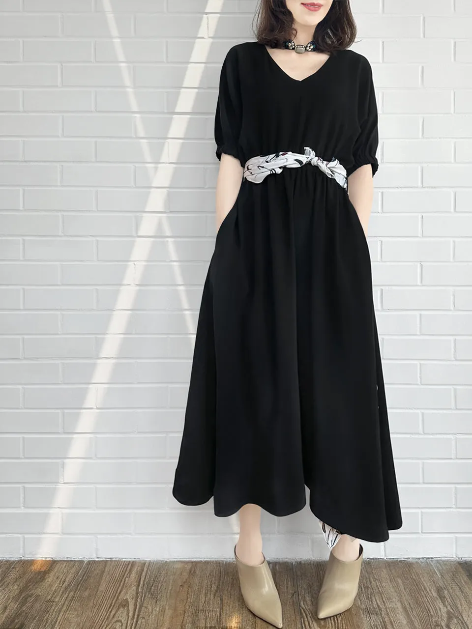 Last Chance! Black Ruffle Side Slit V-Neck Dress w/Removable Silky Scarf