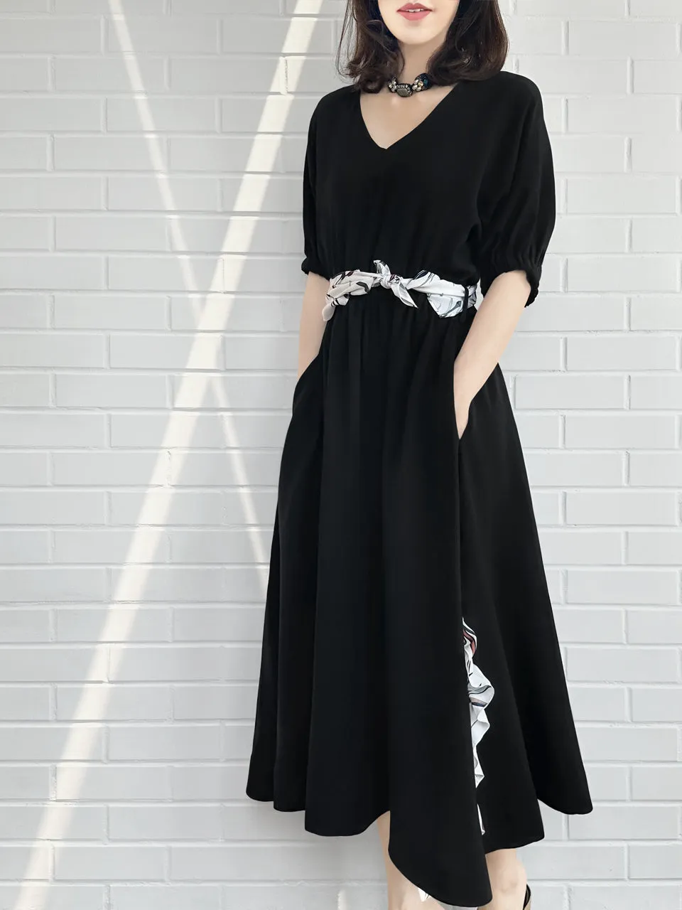 Last Chance! Black Ruffle Side Slit V-Neck Dress w/Removable Silky Scarf