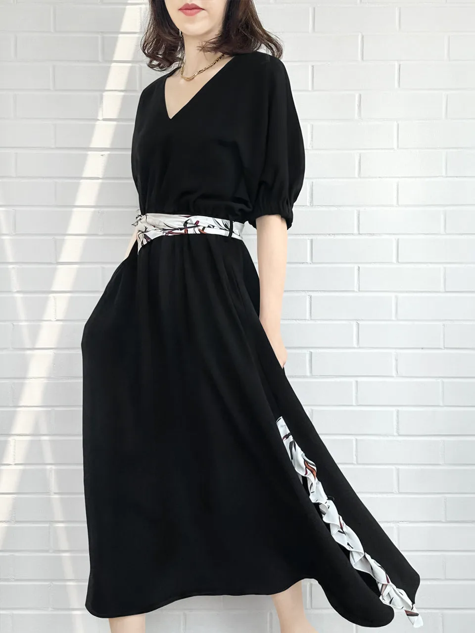 Last Chance! Black Ruffle Side Slit V-Neck Dress w/Removable Silky Scarf