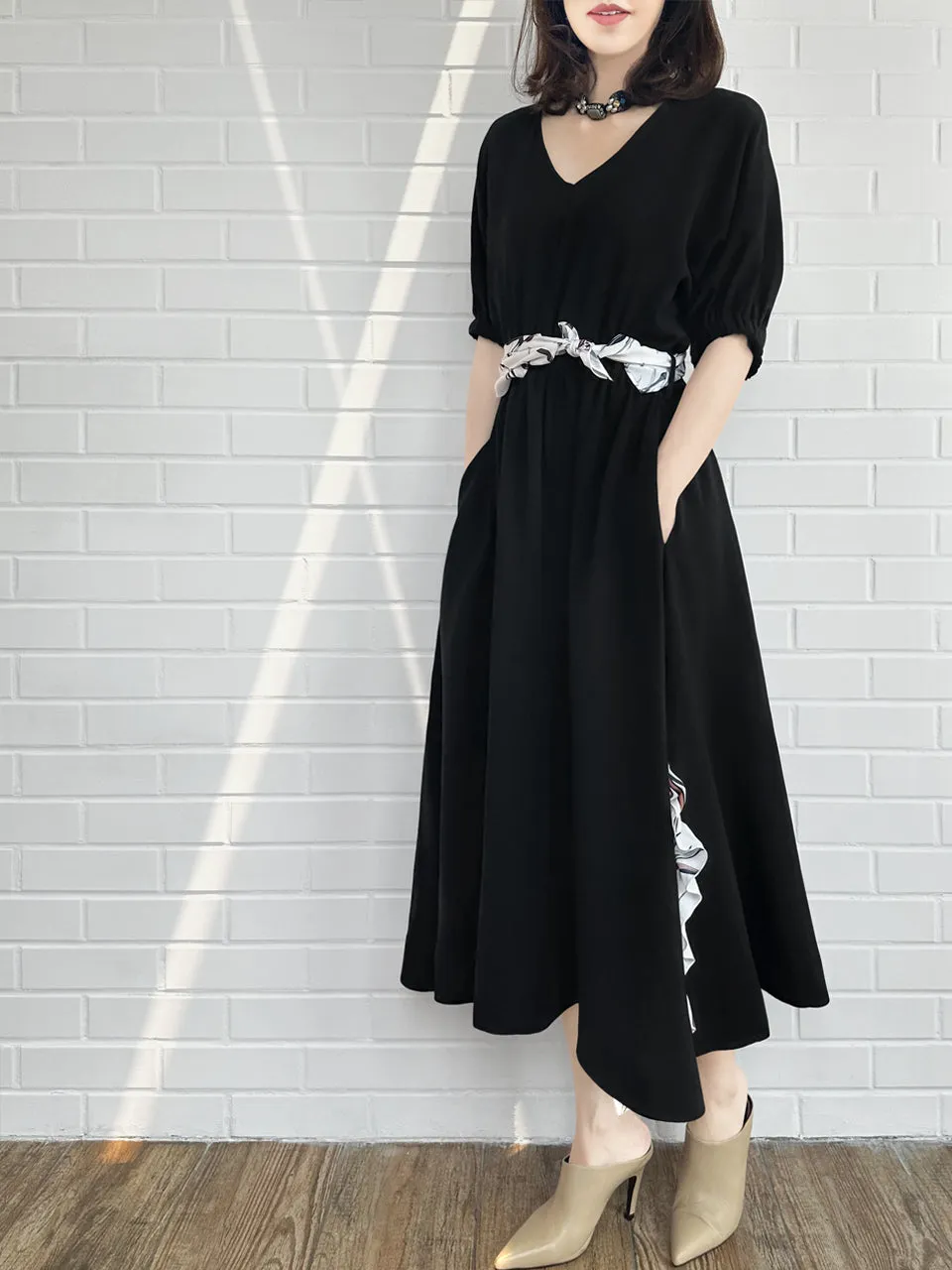 Last Chance! Black Ruffle Side Slit V-Neck Dress w/Removable Silky Scarf