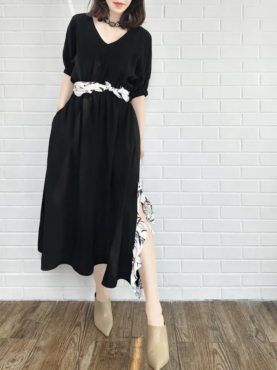 Last Chance! Black Ruffle Side Slit V-Neck Dress w/Removable Silky Scarf