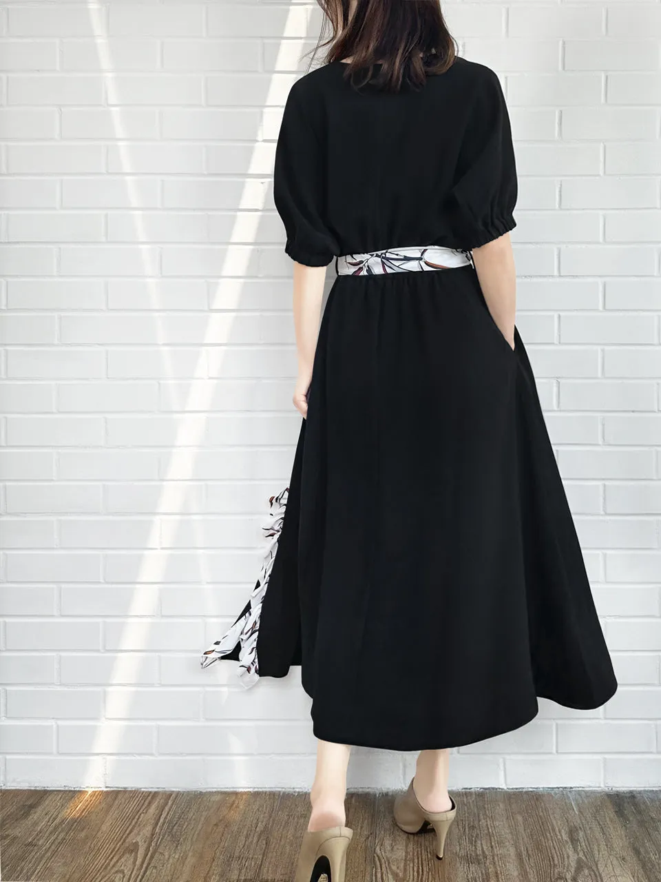 Last Chance! Black Ruffle Side Slit V-Neck Dress w/Removable Silky Scarf